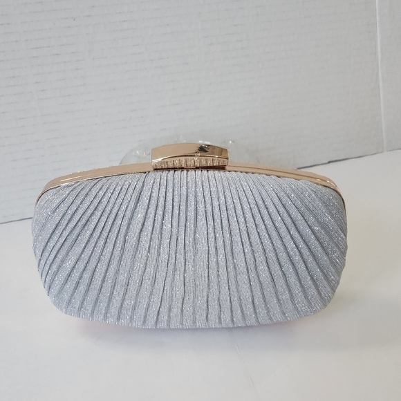 Silver Pleated Glitter Clutch Purse Women's Evening Handbag - Picture 2 of 10